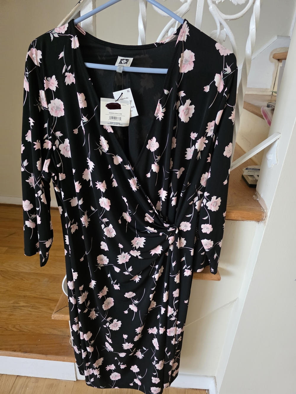 Anne Klein Black Midi Dress with Pink Floral Print - Picture 3 of 5